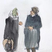 立ちばなしの老女 二人とも黒い服
