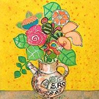 ポール・アイズピリ “ピンクのバラとオレンジ色のチューリップ“ リトグラフ 絵画 アイズピリ オレンジの背景の花 | 絵画など美術品の販売と買取