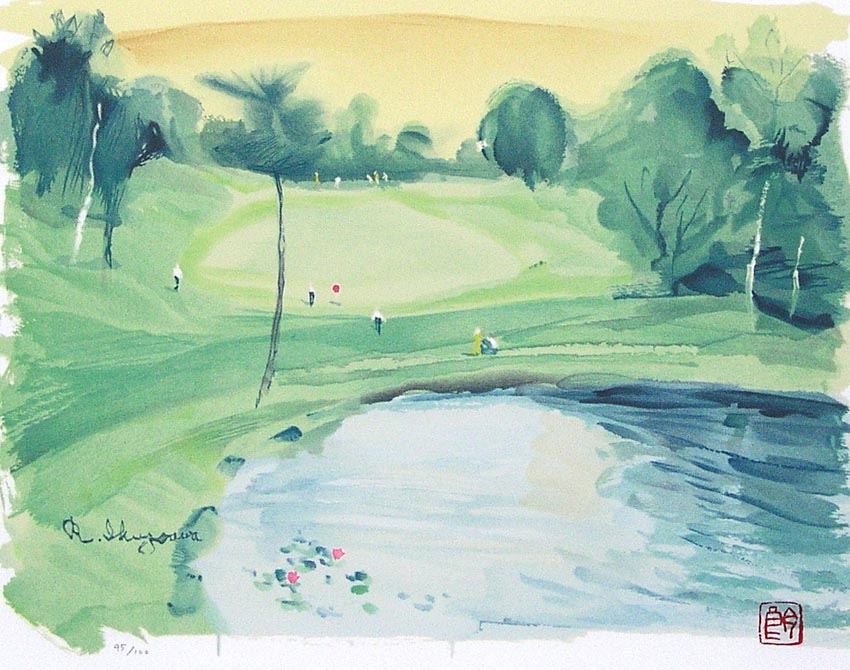 生沢朗　肉筆　水彩画　絵画　リトグラフ 我孫子ゴルフ場　美術品　インテリア Amazon.co.jp: 生沢朗『夕陽 我孫子ゴルフクラブ』リトグラフ版